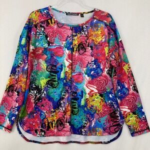 Snoskins Graffiti Print Artsy Top Medium Colorful Abstract Stretch Knit